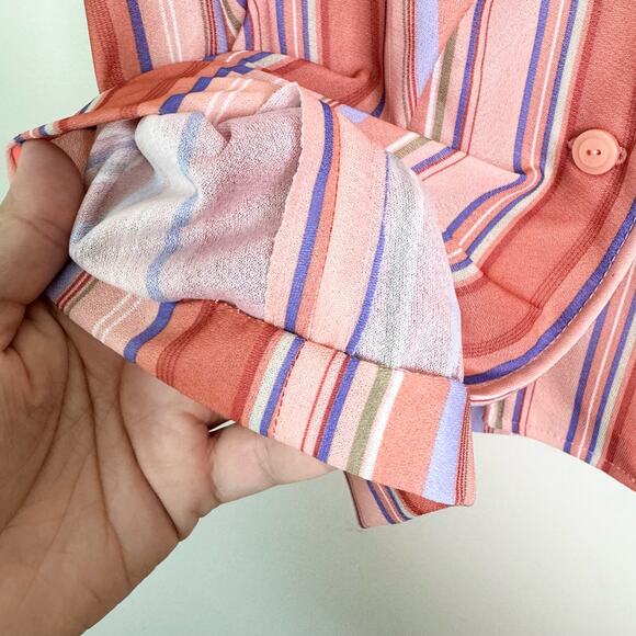 Vintage peach pink purple stripe short sleeve button up blouse‎ with ascot scarf - Picture 6 of 7